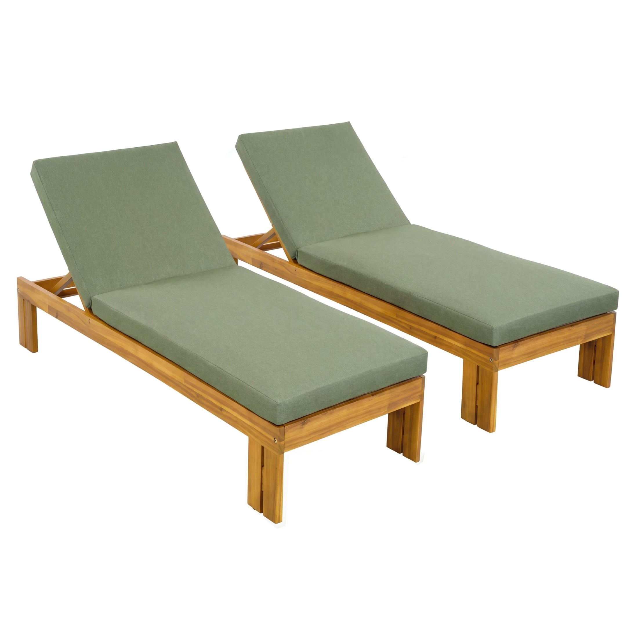 Christopher Knight Home Outdoor Wood Chaise Lounge, Adjustable Backrest and Removable Cushion, Green, Set of 2