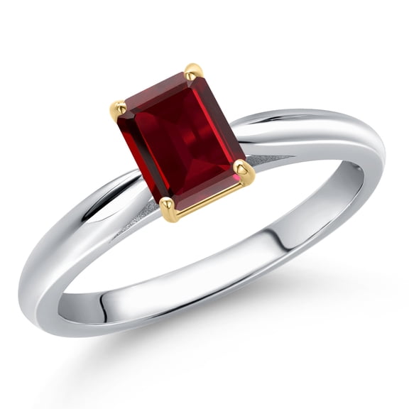 Gem Stone King 925 Silver and 10K Yellow Gold Red Garnet Engagement Ring for Women | 0.80 Cttw | Emerald Cut 6X4MM | Gemstone January Birthstone | Size 9