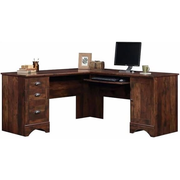 Pemberly Row Home Office L Shaped Desk with Computer Tower Storage in Curado Cherry