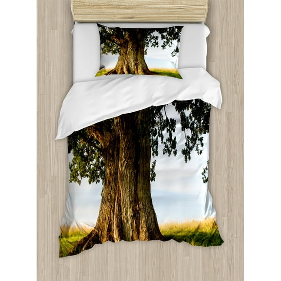 Nature Duvet Cover Set, Majestic Oak Tree on Grass Estonia Northern Europe Rural in Summer Landscape, Decorative 2 Piece Bedding Set with 1 Pillow Shams, Twin Size, Cocoa Fern Green, by Ambesonne
