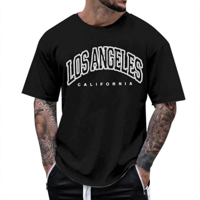 BOBOGOJP Chemises pour Hommes T-Shirt Graphique Classique à Manches Courtes en Noir, Taille M. Présente un Col Rond, des Manches Courtes et un Motif de Lettres « Los Angeles California » Audacieux à l'Avant. Fabriqué à Partir de 95 % polyester et 5 % Élasthanne pour une Sensation Légère et Douce, Parfait pour les Hauts d'Été Décontractés pour Hommes et le Port Quotidien.