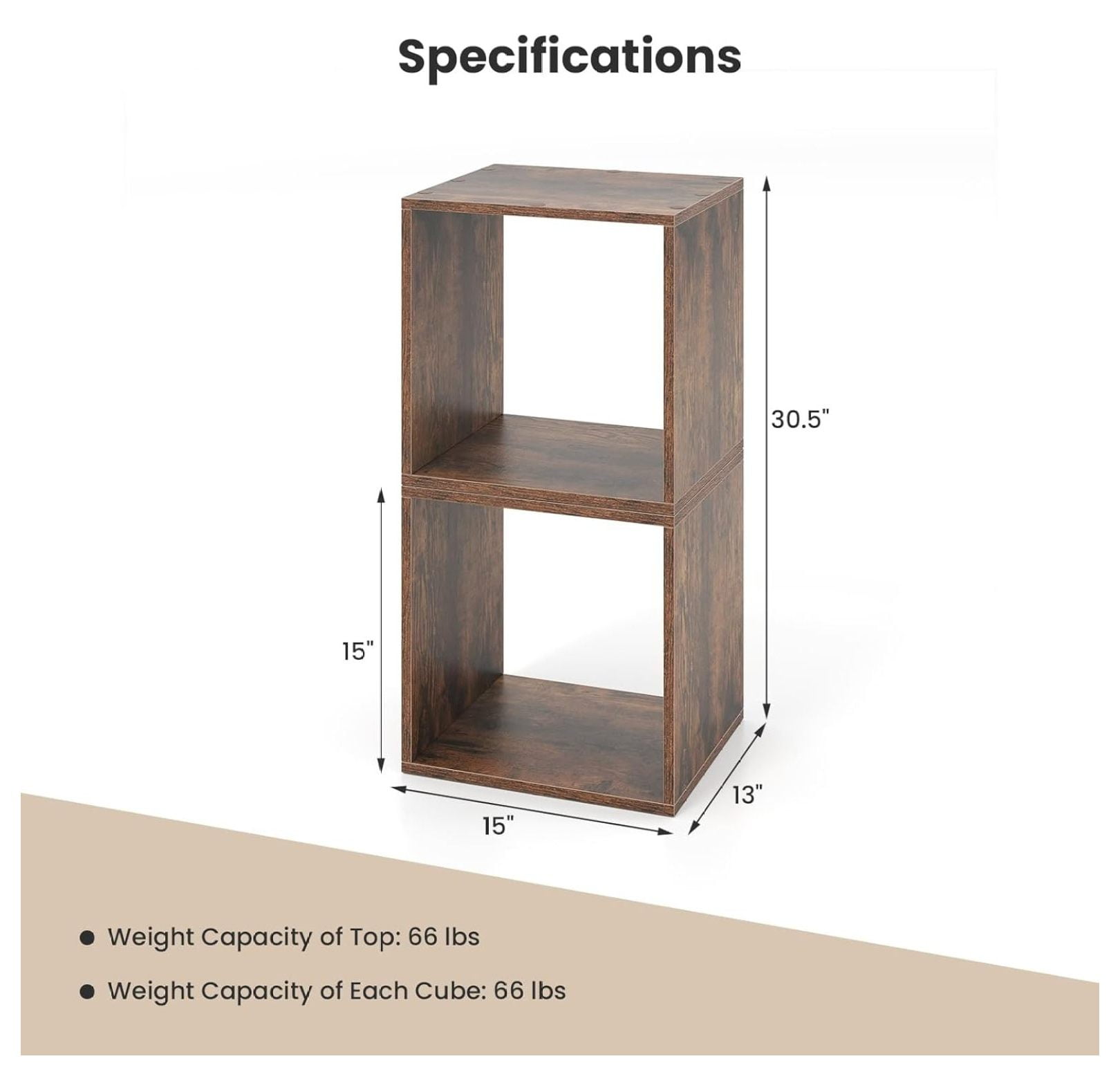 2 Stackable Cubes Bookcase, Wooden Cubby Storage Organizer with Anti-Tipping Device, Small Book Shelf for Small Space, Combination Square Bookshelf Cubes (1, Rustic Brown)