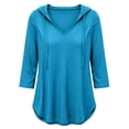 thumbnail image 5 of Women's Plus 3/4 Sleeve Tunic Tops Drawstring Hoodie V Neck Loose Fit Curved Hem Hooded Shirts to Wear with Leggings Fall Casual Outfits, Blue, XXL, 5 of 10