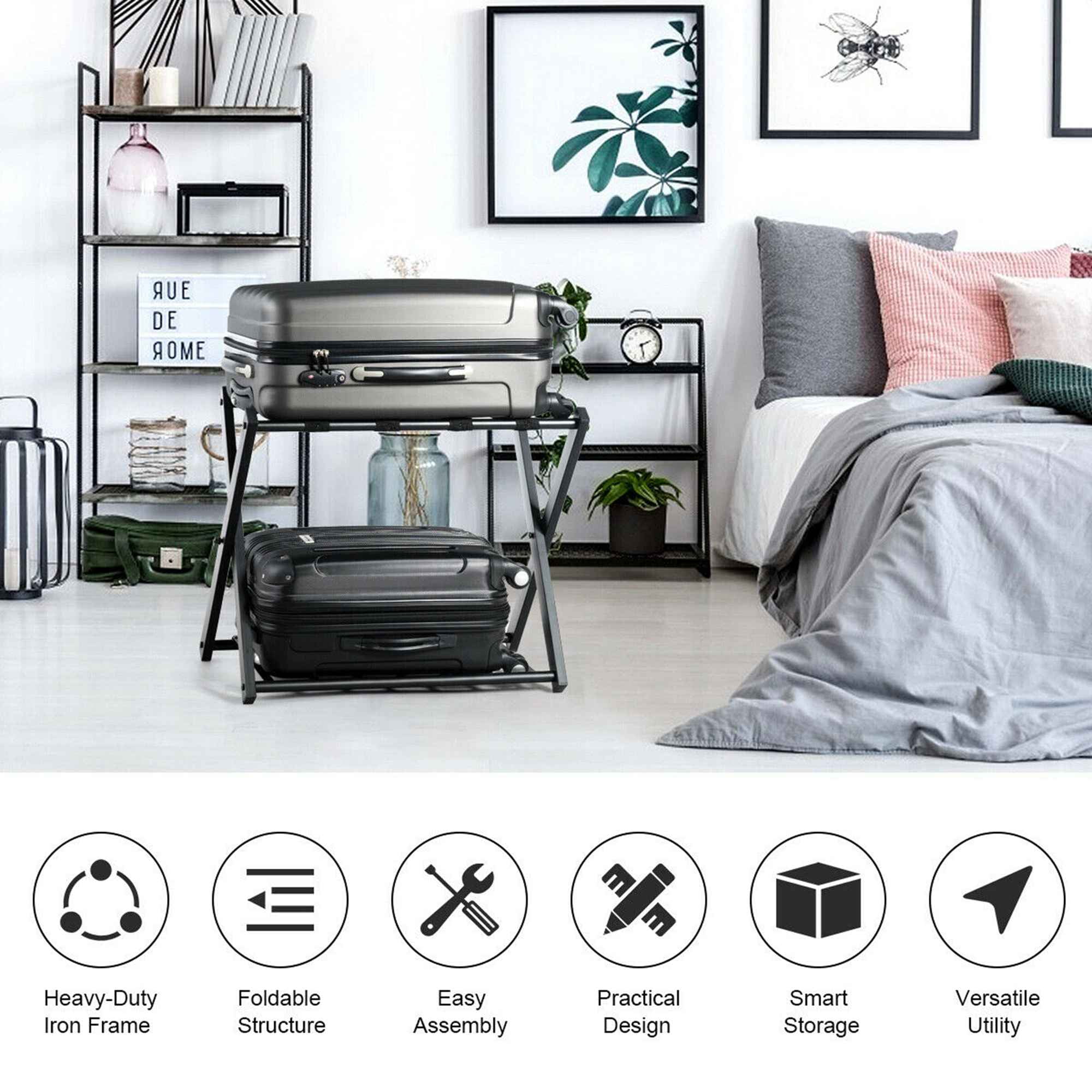 Porte-valises Pliant COSTWAY - 2 étagères, Support Métal Robuste Pour Chambre Ou Hôtel - Charge 60kg