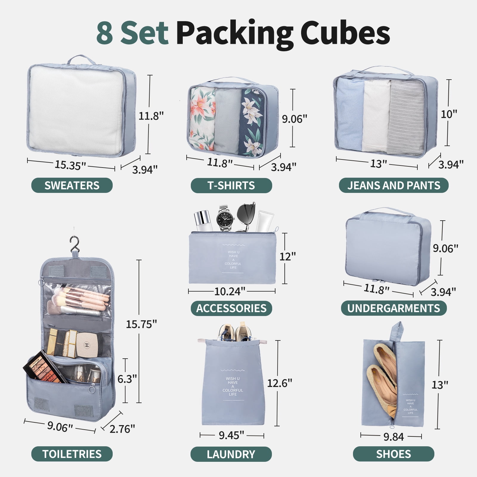 Zimtown 5-Piece Luggage Set with 8 Packing Cubes, Hard Shell Suitcase Set with Spinner Wheels Built-in TSA Lock, Green