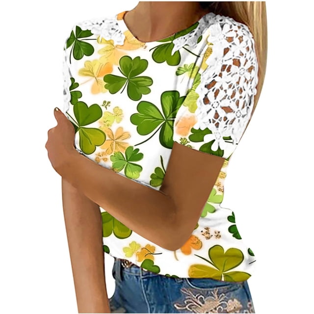 Camisas de Manga Corta para las Mujeres Impresión Cuello Redondo Suéter Encaje Blusa, Top Casual para el Hogar Y Diario