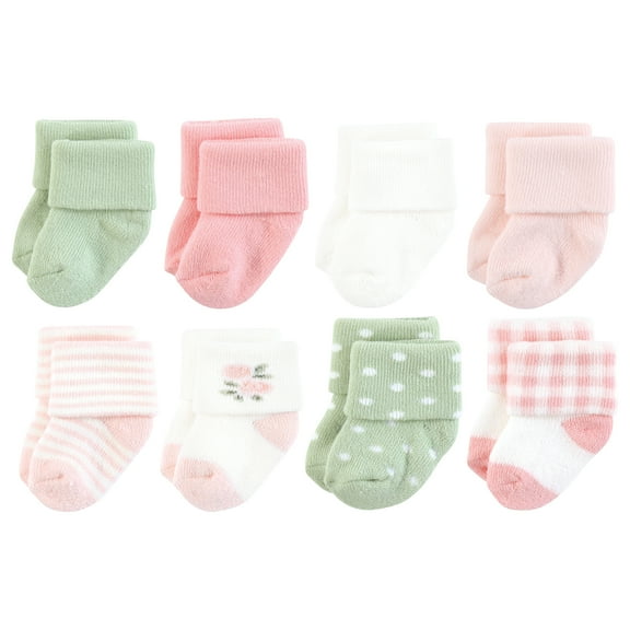 Hudson Baby Infant Girl Cotton Rich Newborn and Terry Socks, Pink Sage Rose, 0-6 Months