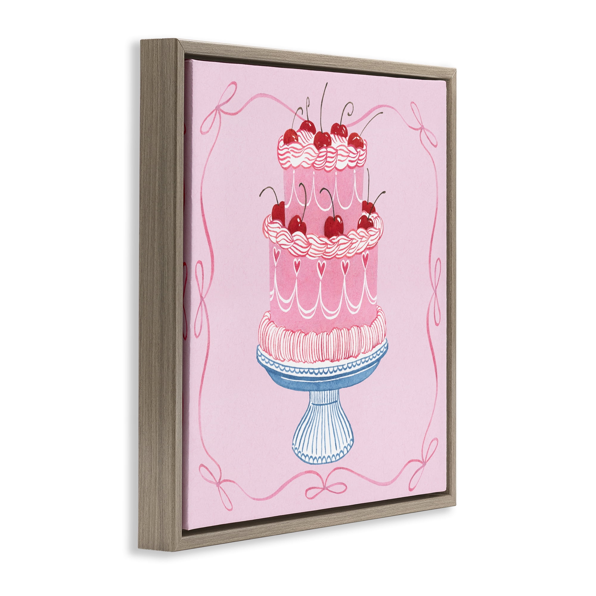 Stupell Industries Romantic Pink Cherry Cake Brown Framed Floater Canvas Wall Art, design by Grace Popp