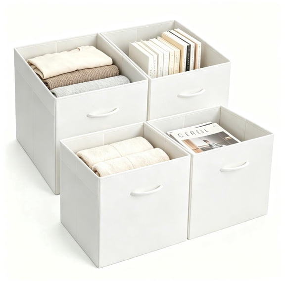 StorageWorks 13 Inch Cube Storage Bins, PU Leather & Hardboard, 3 Handles, Collapsible for playrooms, and bedrooms White, 4-Pack