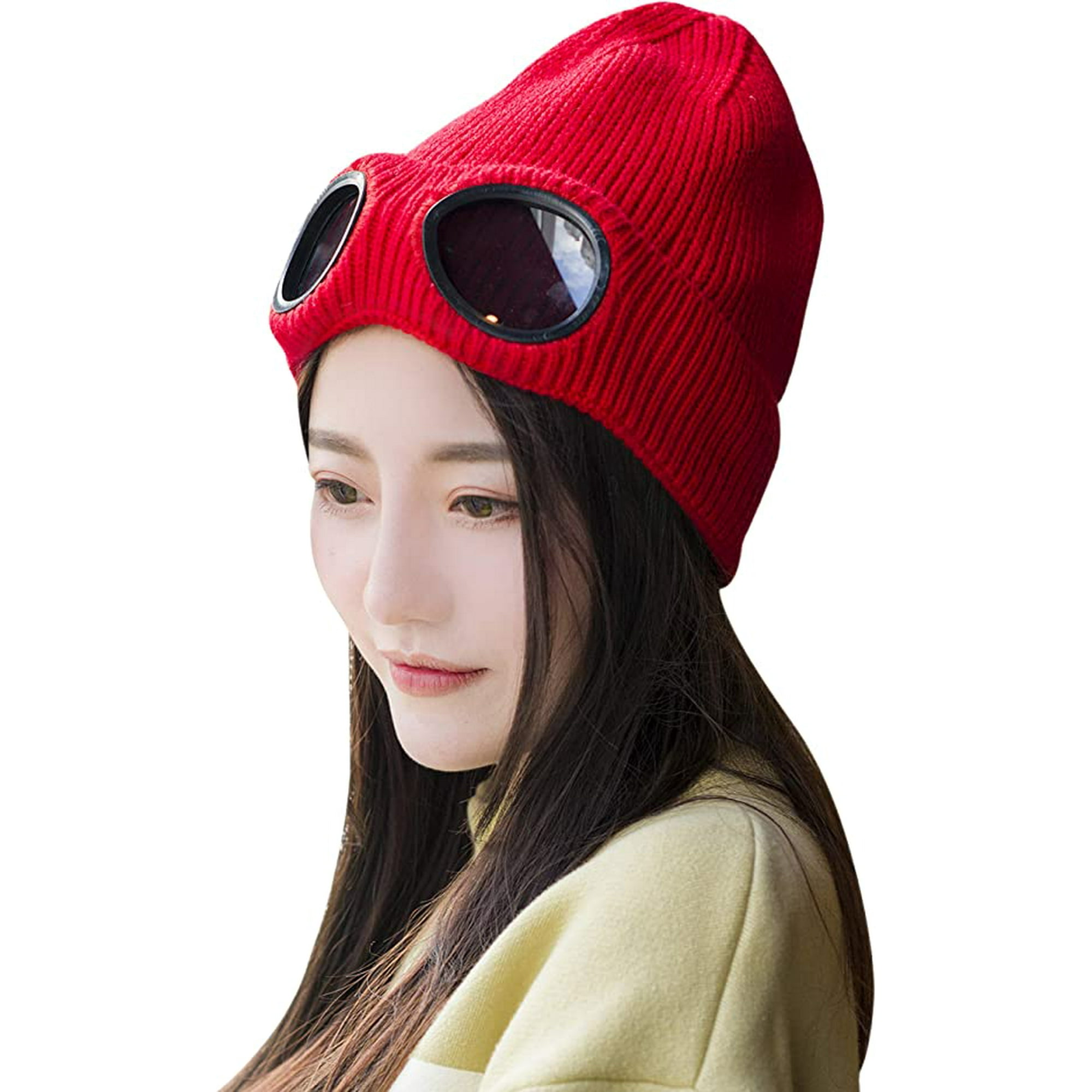 Unisex Goggle Beanie Knitted Winter Chunky Beanie Hat Red