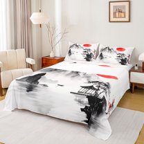 Homewish Natural Landscape Mountain Bed Sheets,Japanese Style King Sheets,Gray White Sheet Set For Kids,Super Cozy Room Decor,4pcs