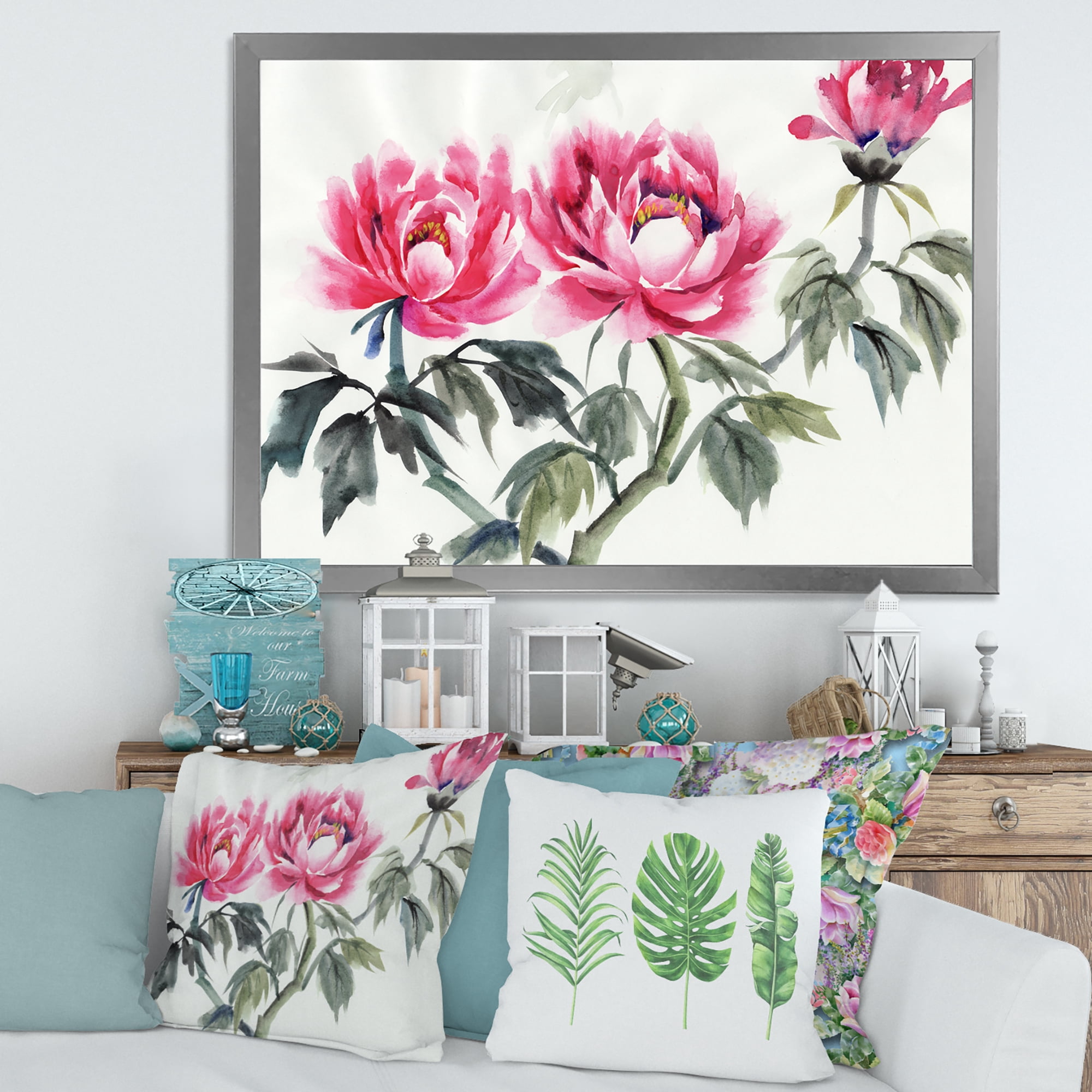 Designart 'Ancient Purple Peonies Branch' Traditional Framed Art Print