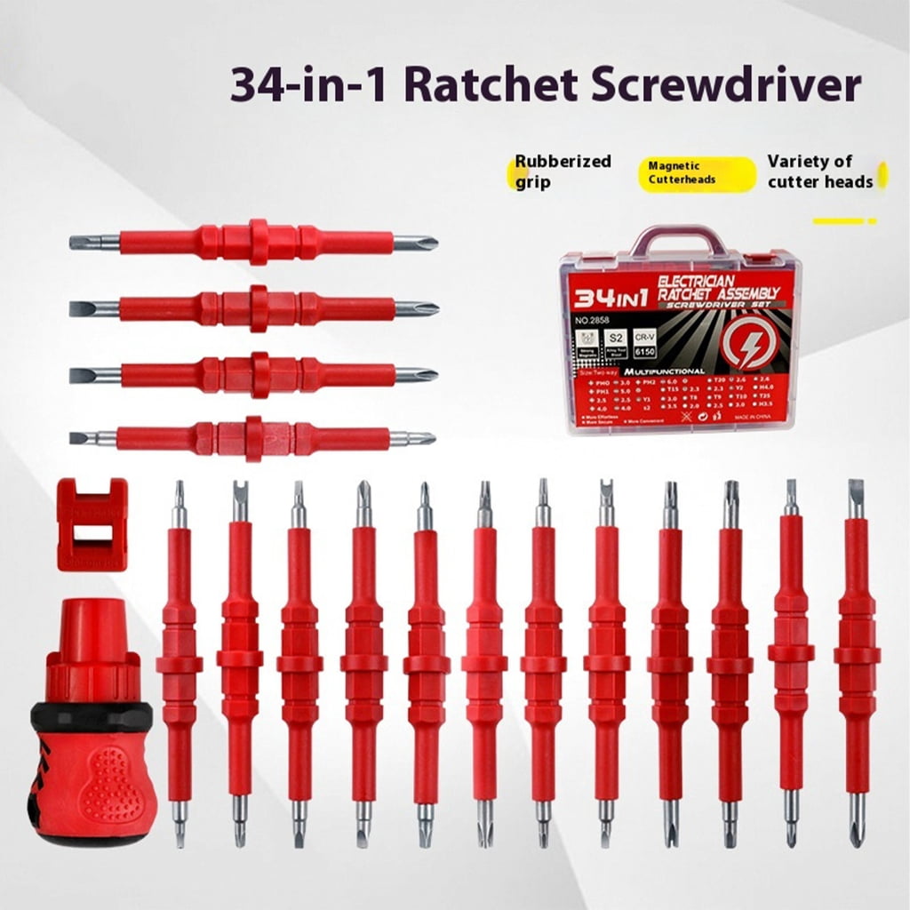 34 In 1 Ratcheting Screwdriver Set With 3 Position Switches Magnetic Tip Retention Antislip Grip Design Double Head Bits