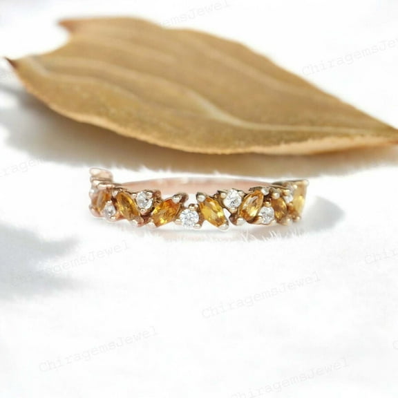 CHIRAGEMSJEWEL 4X2MM / 0.2ct Marquise Cut Citrine & Round Diamond Bridal Wedding Eternity Band - November Birthstone Birthday Gift Jewelry