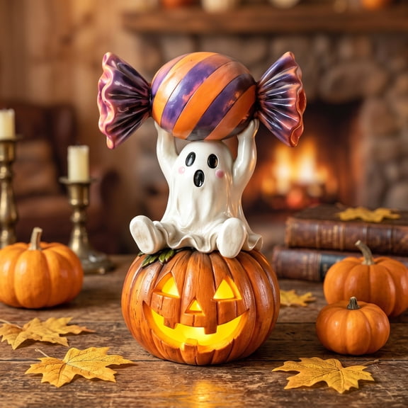 Clearance! Cute Halloween Ghost Sitting on Pumpkin Figurine Holding Candy, Resin Ghost Pumpkin Tabletop Decoration, Adorable Halloween Ornament for Shelf, Desk, Mantel, Home Party Decor Gift