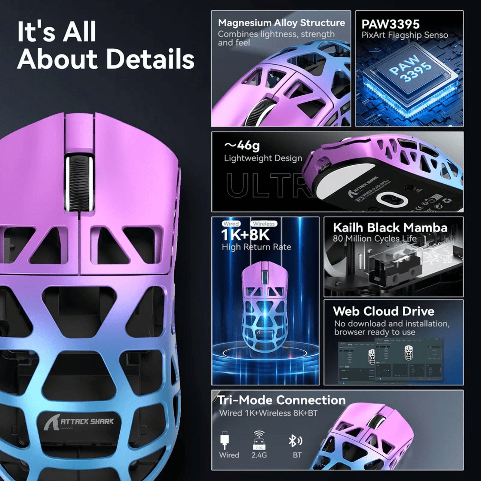 ATTACK SHARK R3PRO Gaming Mouse 8K with Coiled Cable 46g Magnesium Alloy SUPERLIGHT Mouse, 6 Adjustable DPI up to 26000, PixArt PAW3395 Gaming Sensor, BT/2.4G Wireless/Wired