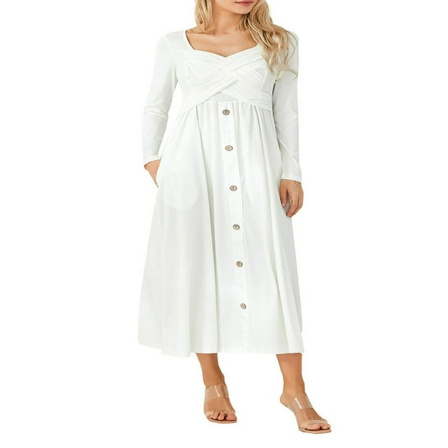 MesaSe Femmes Été Automne Décontracté Midi Robes Manches Longues V Cou Croix avant Côtelé Robe Élastique Robe Longue de Base avec Poches