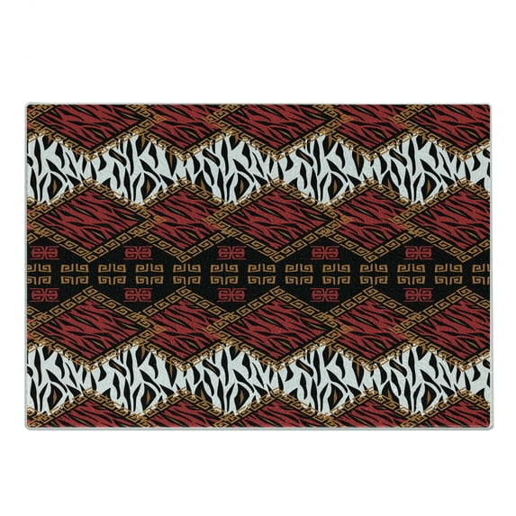 Safari Cutting Board, Animal Skin Stripes in Diamond Pattern Native Art, Decorative Tempered Glass Cutting and Serving Board, Small Size, Red and Brown, by Ambesonne