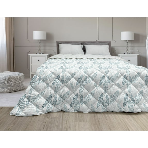 Teal and White Down Alternative Comforter, Old Fashioned Abstract Mosaic Design Elements with Floral Details, Microfiber Quilt for All Season, 5 Sizes, Mint Green White, by Ambesonne
