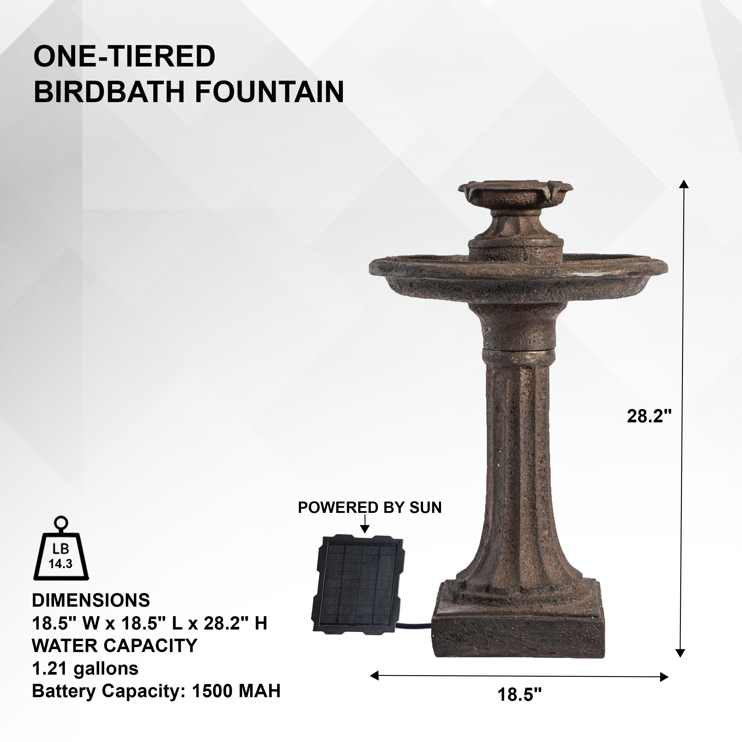 XBrand 28" Solar Water Fountain, 1-Tier, Outdoor Birdbath, Brown Resin, With Solar Panel, Solar Pump for Home Garden Yard Décor