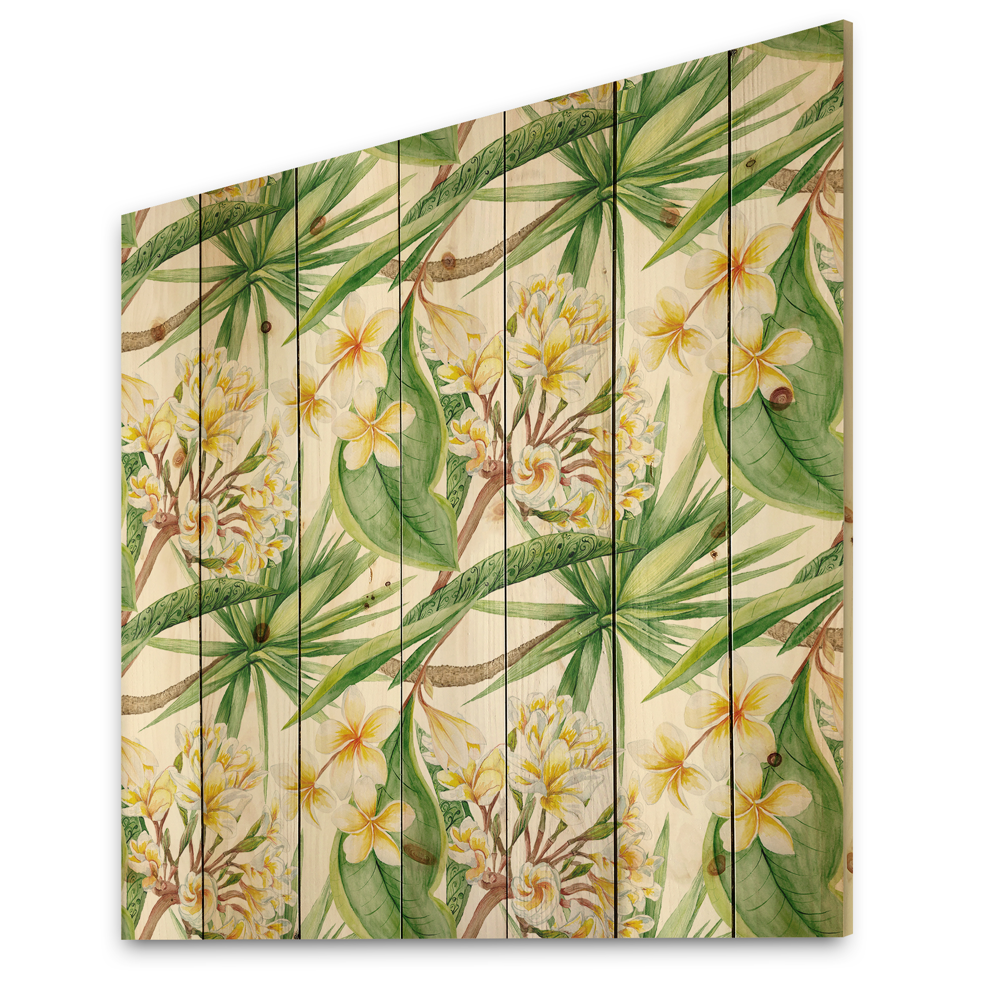 Designart 'Yellow Flowers and Tropical Foliage VI' Modern Print on Natural Pine Wood