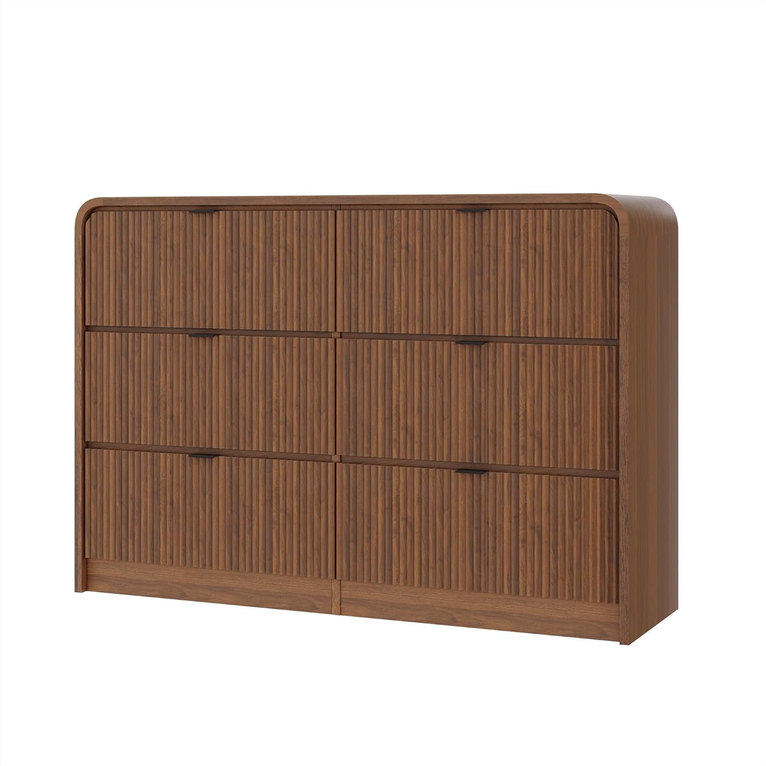 Fluted 6-Drawer Tall Dresser, Walnut Wood Deep Chest with Rounded Edge for Bedroom, Living Room, Hallway