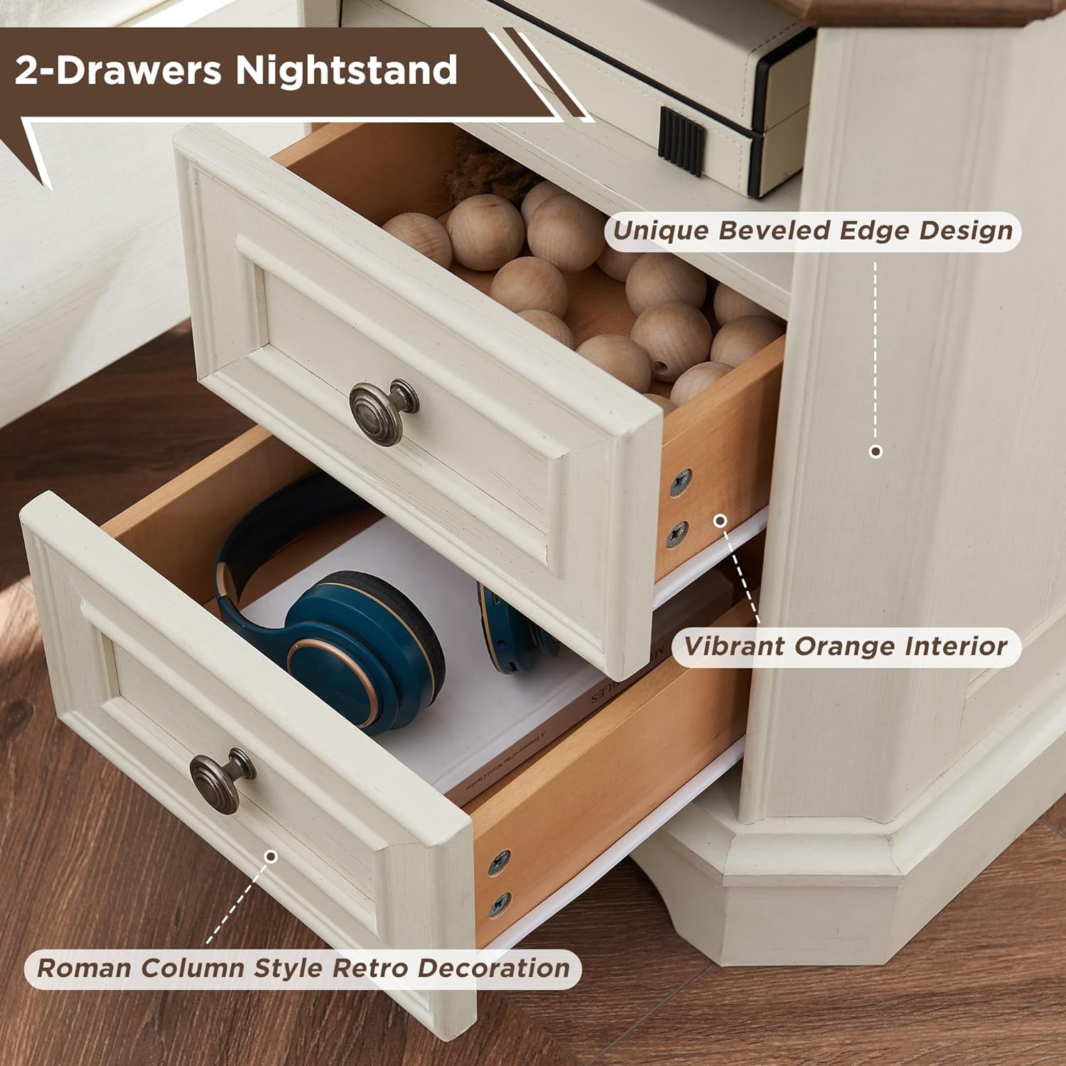 OKD 2-Drawer Nightstand with Charging Station, Farmhouse End Table with USB Ports for Living Room or Guest Room, Antique White