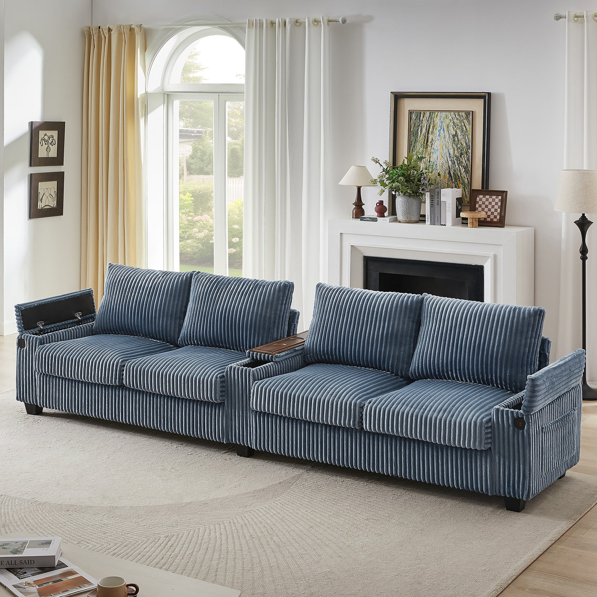 133" Modern Sofa,4-seater Corduroy Sofa Couch with USB Ports,Hidden Storage Arms, Flip-Top Cup Holders for Living Room,Blue