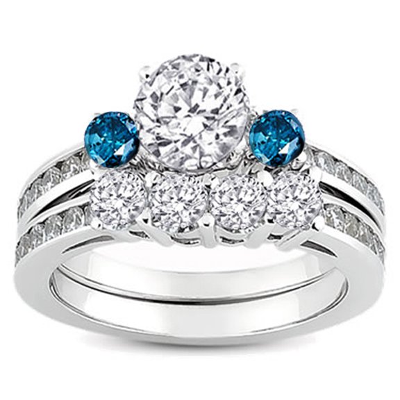 Dazzlingrock Collection 1.15 Carat (ctw) 10k Round Blue & White Diamond Ladies Bridal Engagement Ring Set, White Gold, Size 5.5