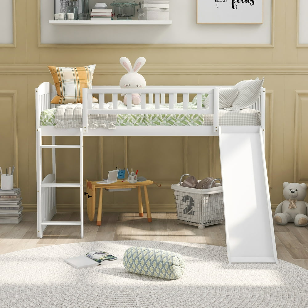 Low Sturdy Loft Bed, Wooden Toddler Twin Low Loft Bed, No Box Spring