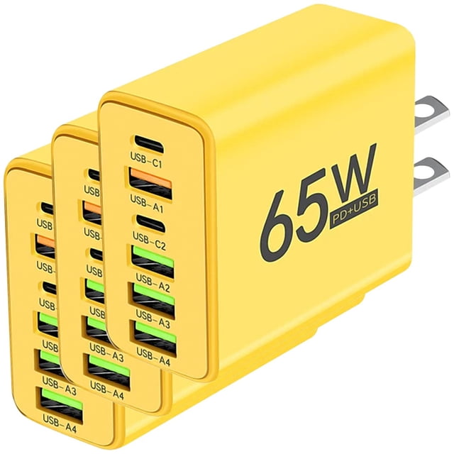 Cargador Teléfono NexusYellow 3 Pzas 6 Puertos USB 5V 3A Max 65W 100-240V 50-80Hz Amarillo.