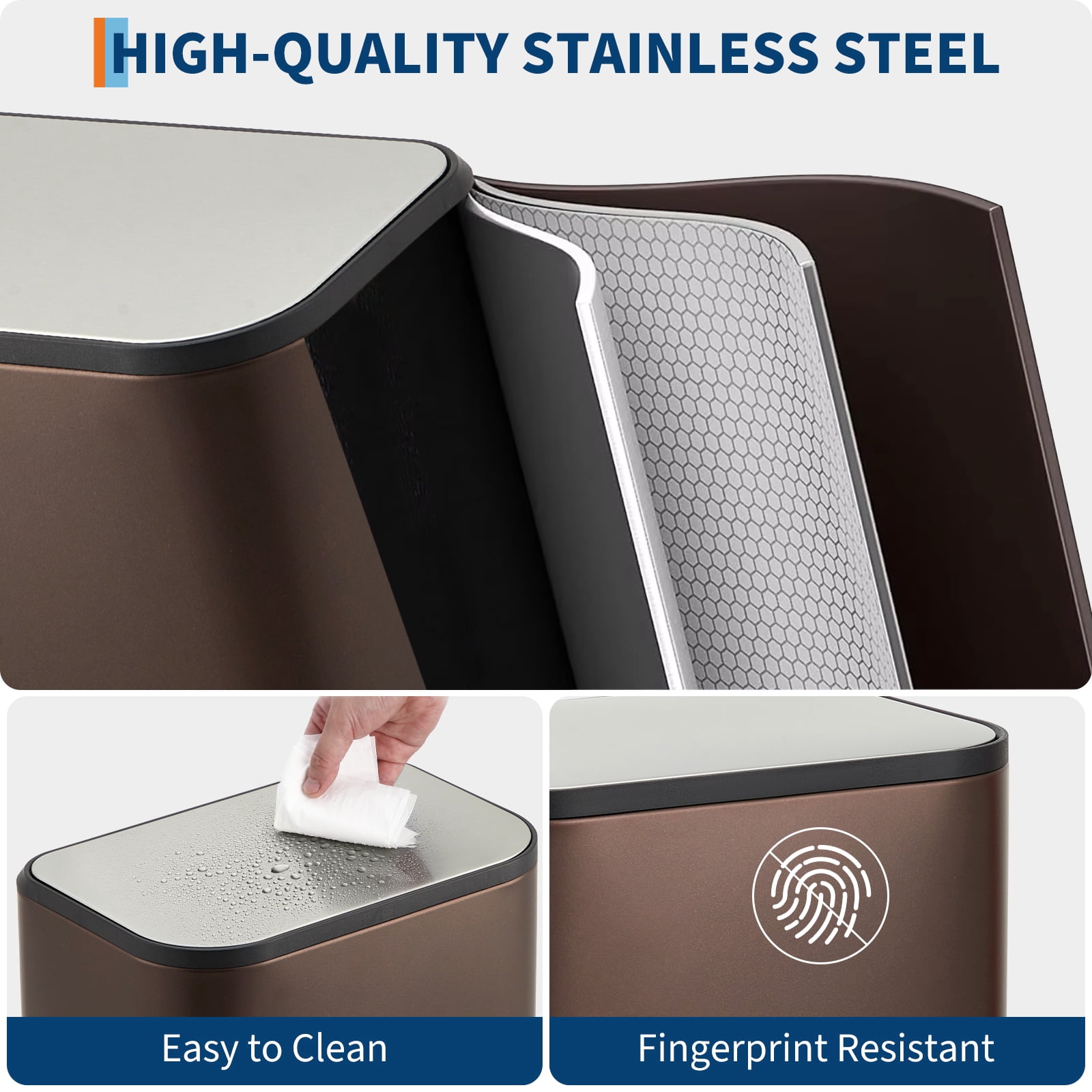 M optimized 20L Trash Can with Lid, 5.3 Gallon Stainless Steel Garbage Bin for Kitchen, Rectangular Trash Can with Step-On Pedal and Inner Bucket for Home Office Bathroom Living Room