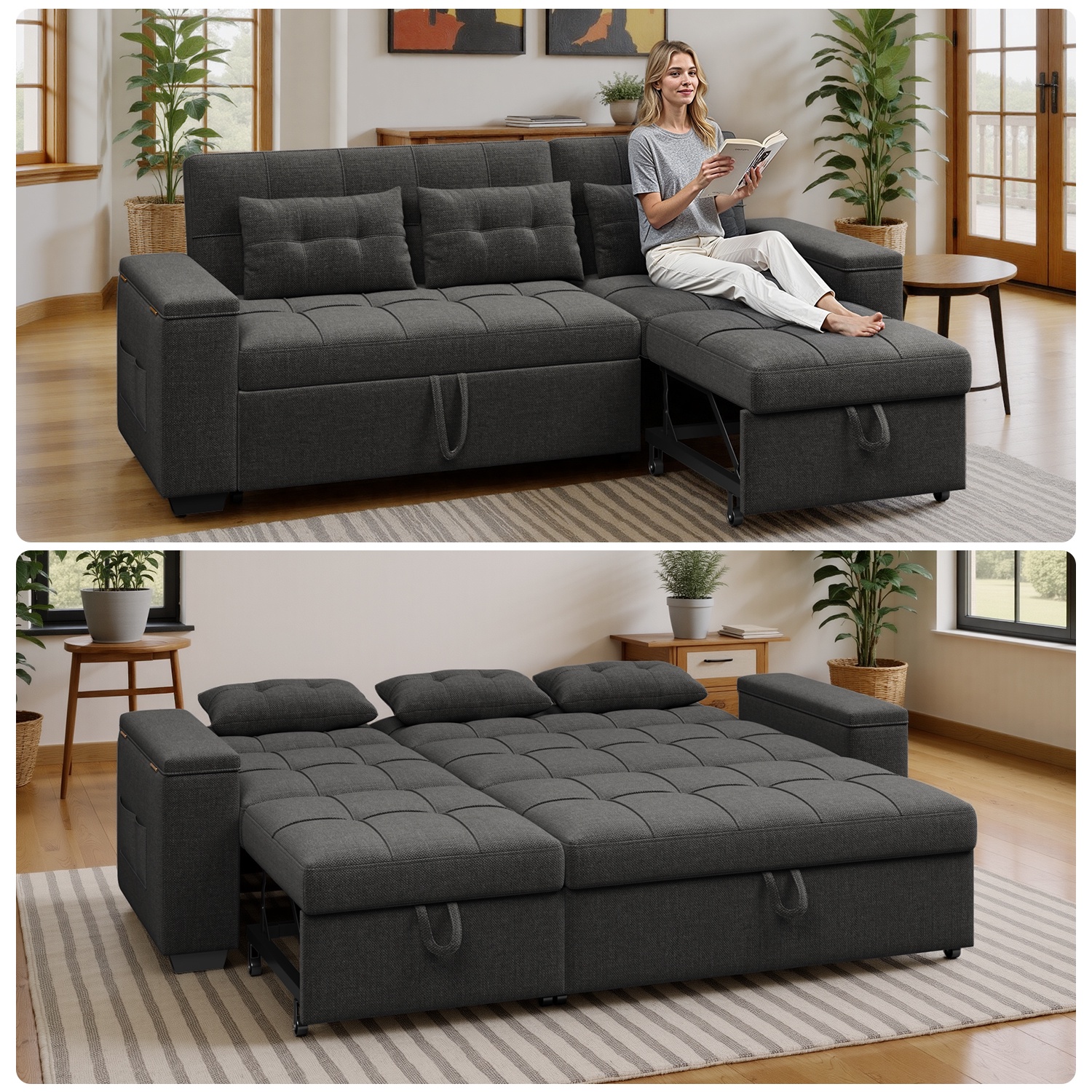 Noelse 87" 3-in-1 Convertible Sofa Bed, Dark Gray photo 7
