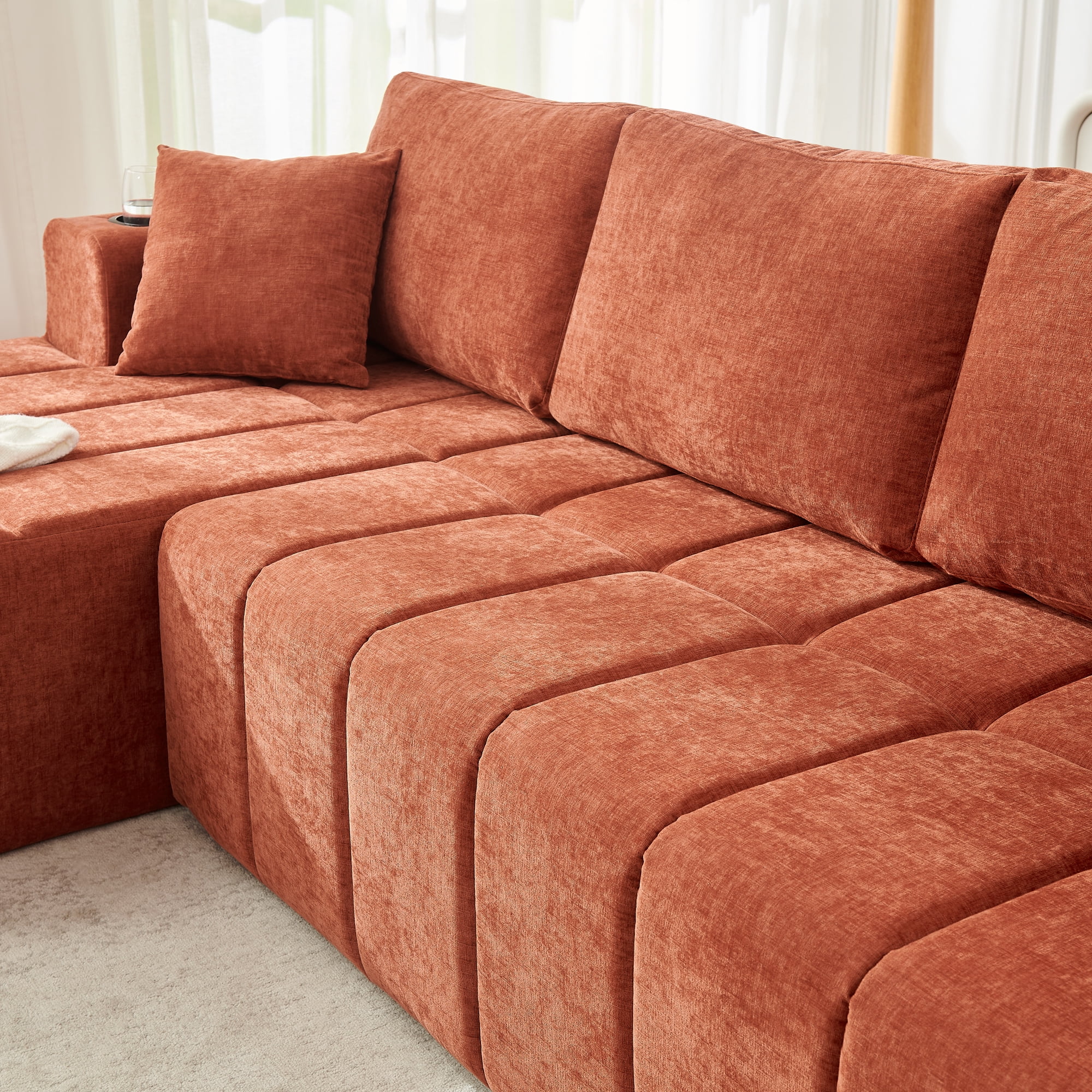 Leumius 108" L-Shaped Sectional Sofa,Chenille Boneless Couch, Modern 3-Seat Upholstered Cloud Couch Sectional with Deep Seat and Cup Holders for Living Room,No Assembly Required,Orange