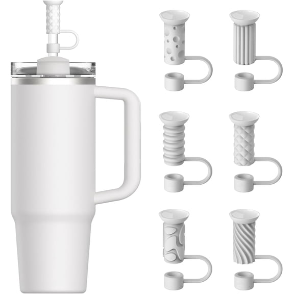 Silicone Straw Covers Cap, 6 Pcs Reusable 0.39in/10mm Suction Cup Straw Toppers for Stanley Cup 40 30 oz, White