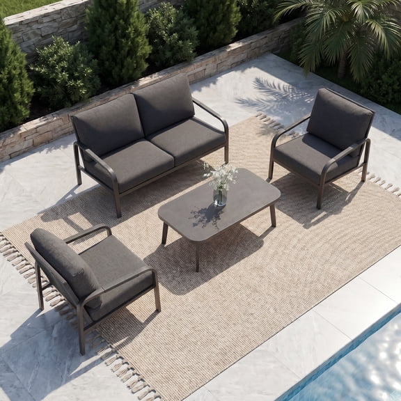3-Piece Patio Furniture Set with Cushions & Coffee Table, All-Weather Aluminum Frame, Outdoor Conversation Set for Backyard, Garden, Grey