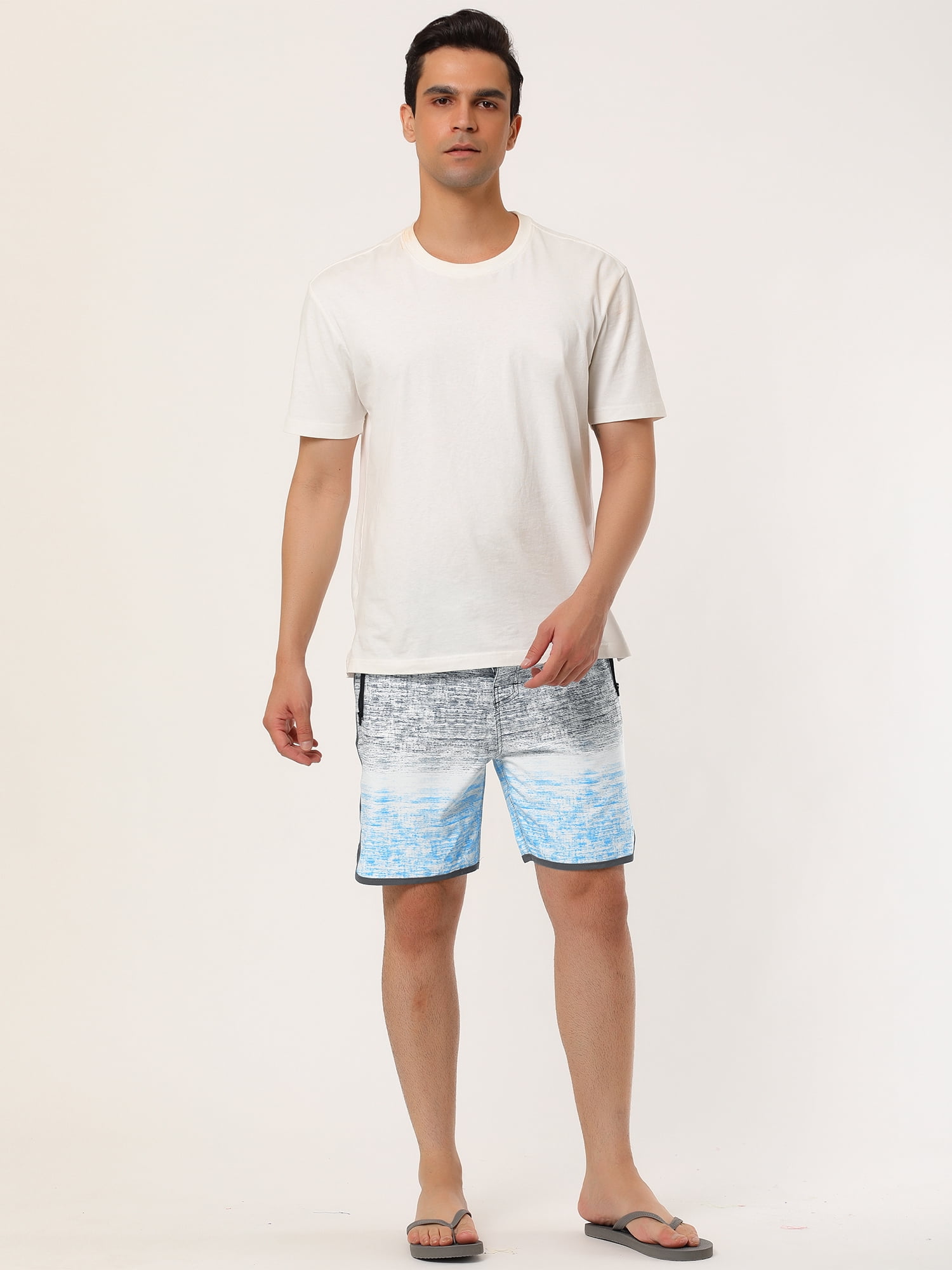 Unique Bargains Men's Summer Printed Drawstring Color Block Swim Beach Shorts 32 Gray Blue