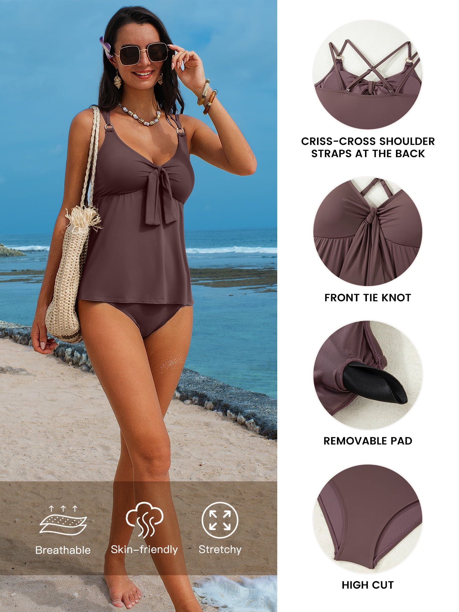 DOKOTOO 2 Piece Swimsuits for Women Tie Front Tankini Top with Brief Bottom Tummy Control Bathing Suit Brown XL US16-18