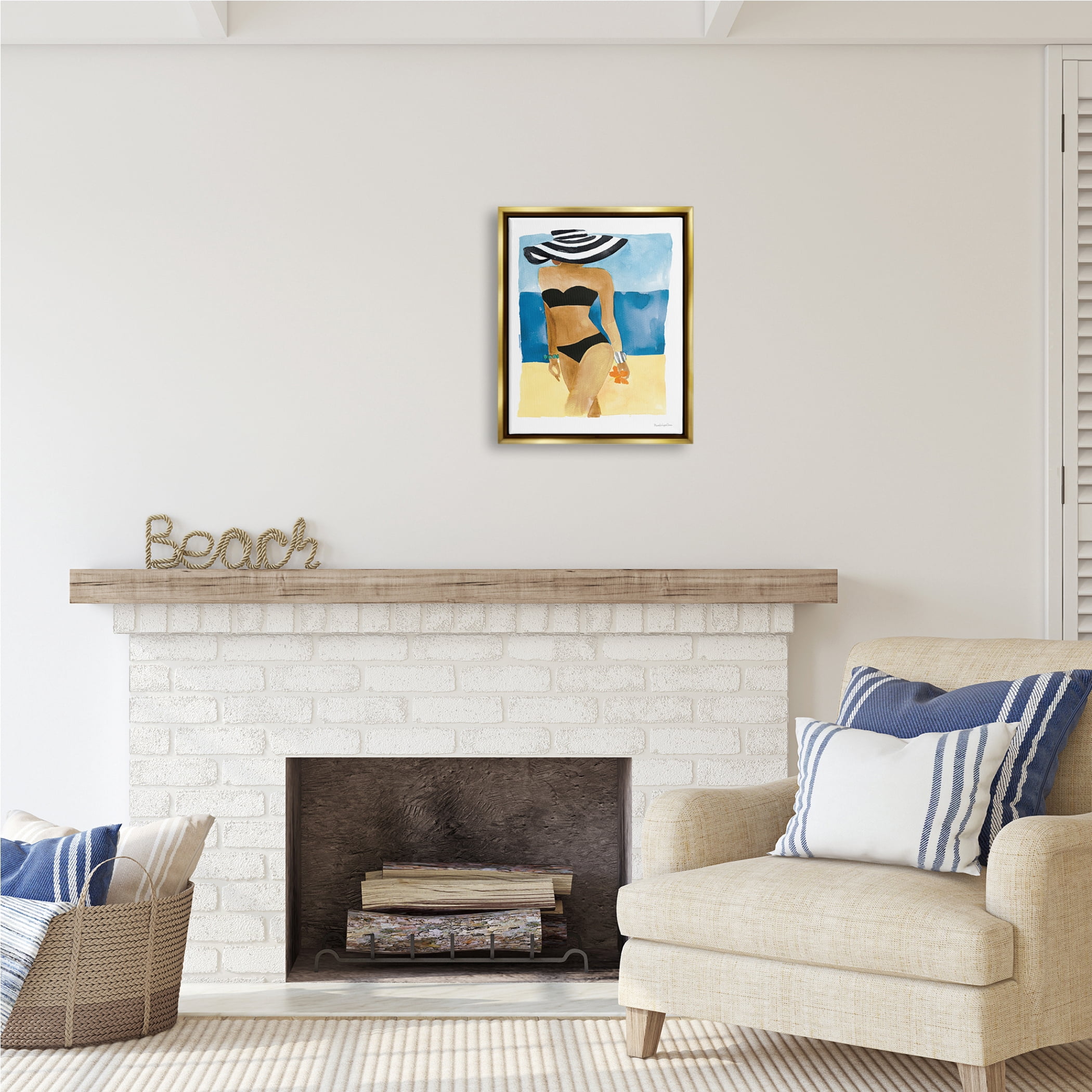 Stupell Industries Girl on Beach Painting Nature Painting Gold Floater Framed Art Print Wall Art, 17 x 21