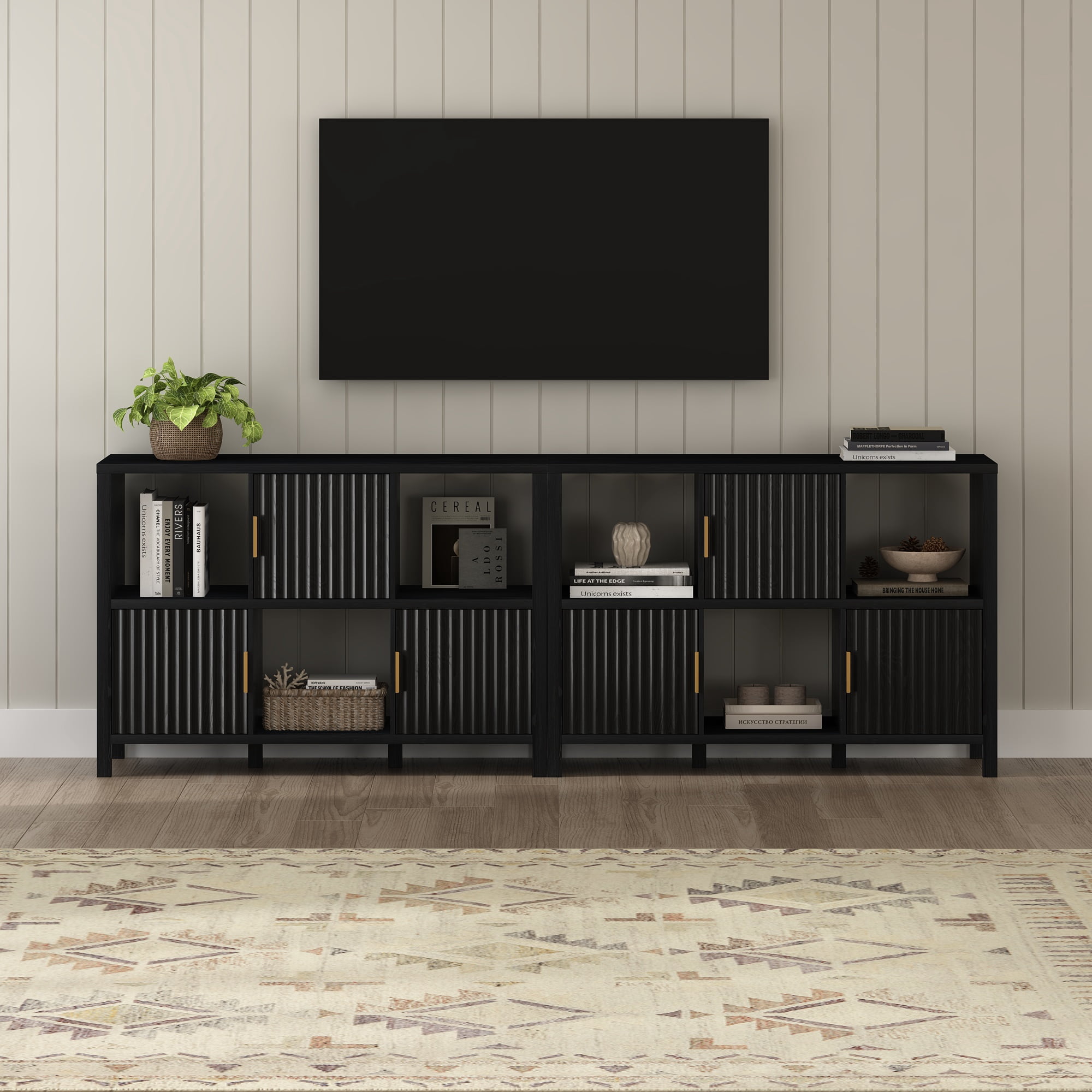 EYYTHUNG Fluted Storage Organizer Bookshelf, Modern Cube Bookcase with 3 Open Shelf and 3 Cabinets with Doors, Black