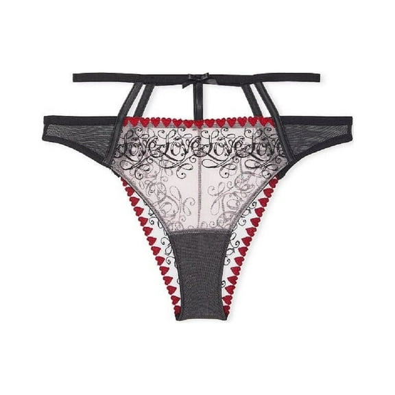 Victoria's Secret Very Sexy Love Letters Hearts Embroidery Panty Black Size Medium NWT