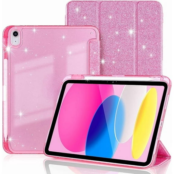 Case for iPad A16 11th Generation 11-Inch 2025, for iPad 10th Generation 10.9-inch 2022 with Pencil Holder, Cute Glittering Sparkly Protective Cover, Shiny Clear Hard Back Shell, Pink