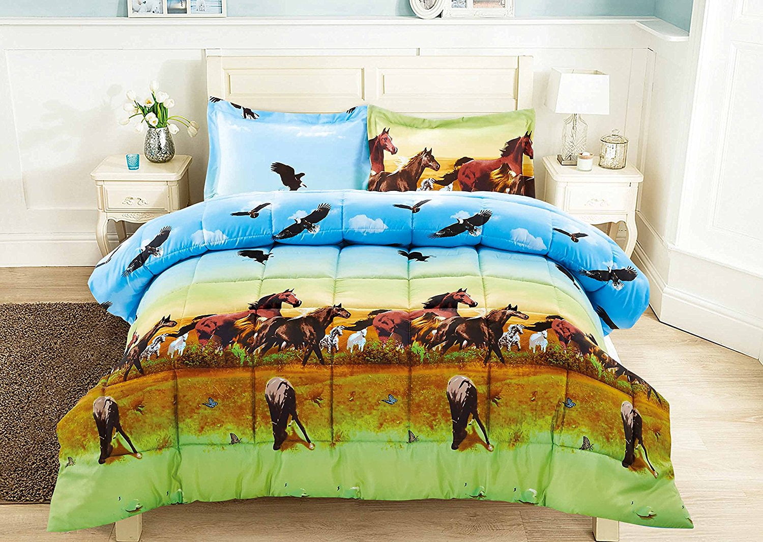 Unique Home 3 Piece Set Wild Horse and Eagle 3d Comforter Set (Y25