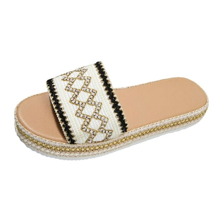 OJSFQUFP Sandals Womens Ladies Fashion Ethnic Style Woven Print Open Toe Flat Bottom Beach Sandals Soft Sole Outdoor Beach Shoes Washable Slippers for Women White 38