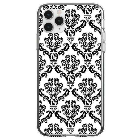 DistinctInk Clear Shockproof Hybrid Case for iPhone 13 PRO (6.1" Screen) - TPU Bumper, Acrylic Back, Tempered Glass Screen Protector - White Black Damask Pattern - Floral Damask Pattern