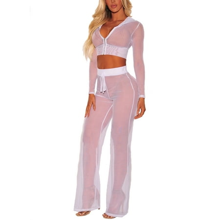 - Women See Through Sheer Mesh Hoodie Crop Tops and legging Pants Sexy 2pcs Bikini Swimsuit Cover-ups Beach Outfits
