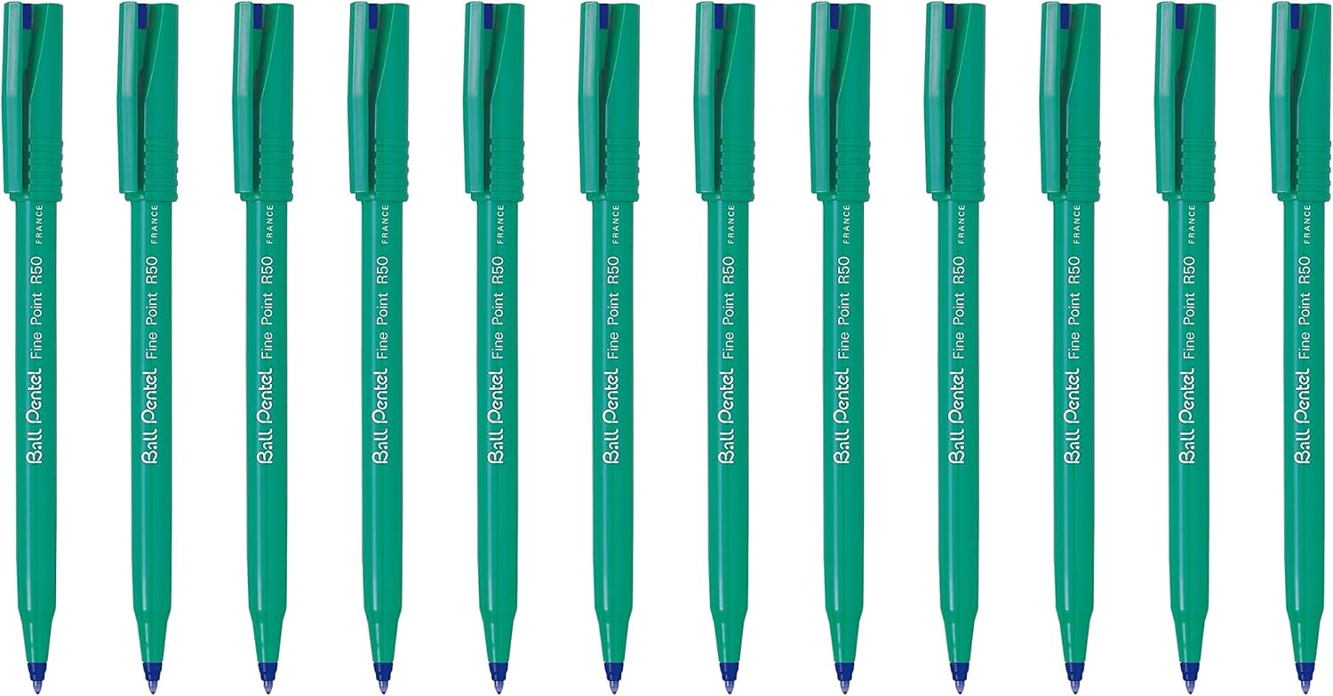 Pentel R50 Rollerball Pen Green Barrel Water-based 0.8mm Tip 0.4mm Line Blue Ref R50-C [Pack of 12]