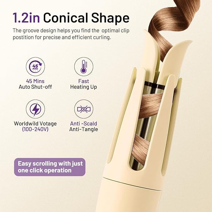 RKXQTAutomatic Hair Curling Iron Automatic Hair Curler Automatic Rotating with 3 Temperature Sets, Anti-Scald, Anti-Tangle Auto Curling Iron Rotating, Yellow