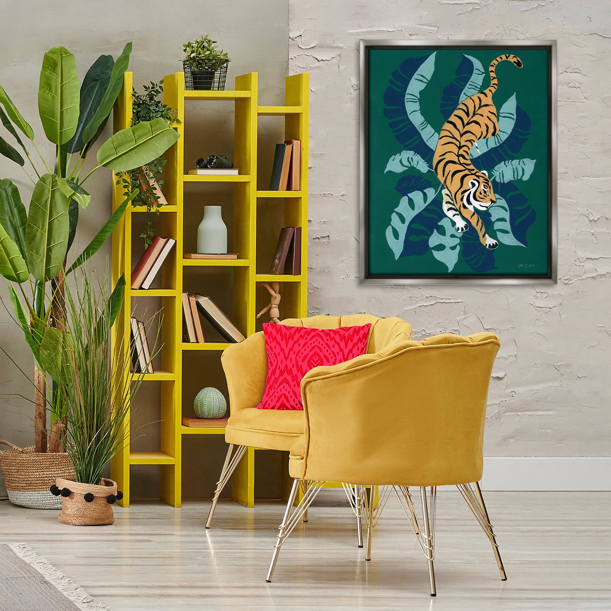 Stupell Industries Tiger Prowling over Palms Animals & Insects Painting Gray Floater Framed Canvas Art Print Wall Art, 25 x 31