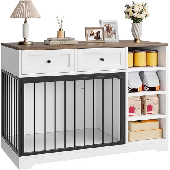 Wooden Dog Crate Furniture, Indoor Dog Kennel TV Stand with Storage, White | 2 Drawers and 4 Open Shelves, Multi-Functional Dog Kennel for Small, Medium and Large Dogs